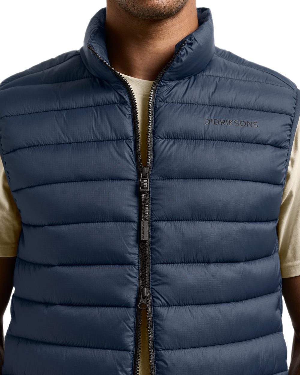Sleepy Blue coloured Didriksons Mens Marino Vest on white background 