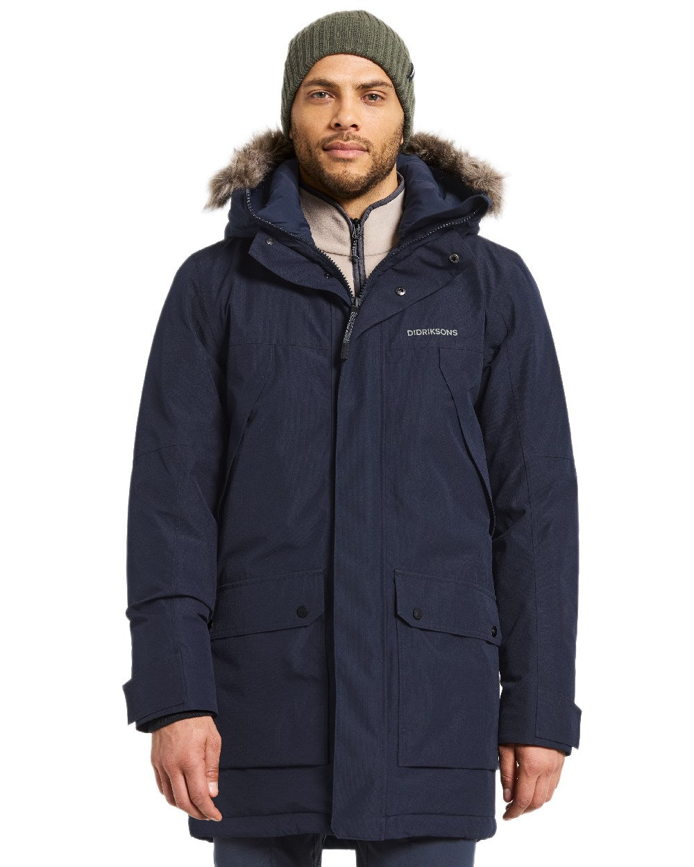 Dark Night Blue Coloured Didriksons Mens Rick Parka on white background 