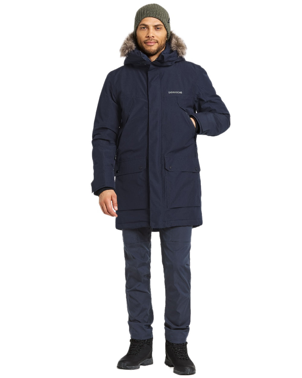 Dark Night Blue Coloured Didriksons Mens Rick Parka on white background 