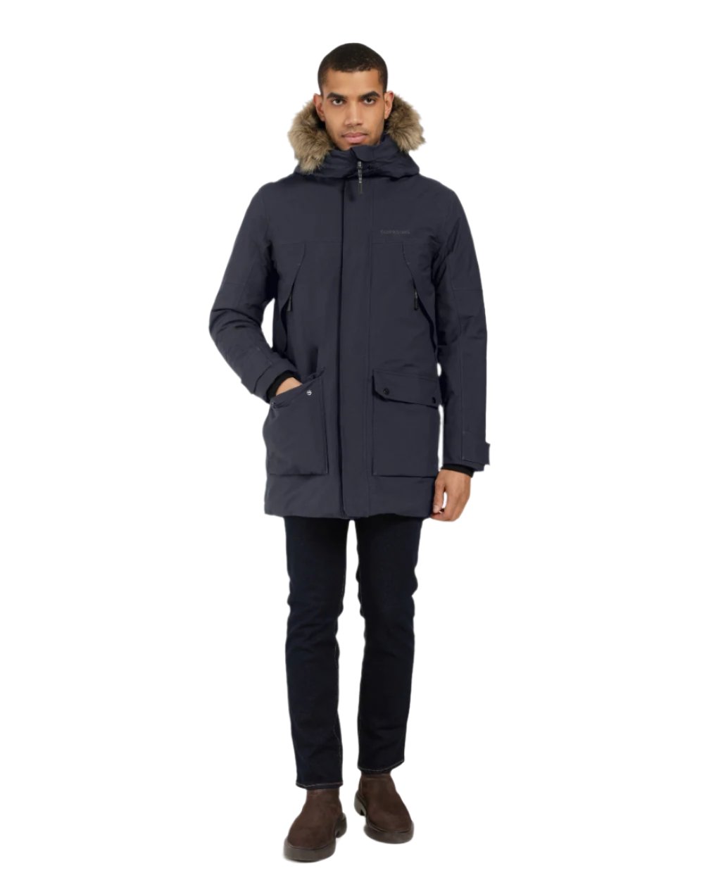 Dark Night Blue coloured Roamers Mens Rick Usx Parka on white background 