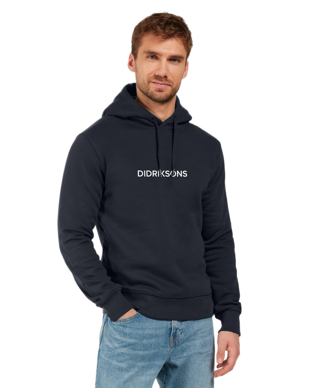 Navy coloured Didriksons Mens Ven Hoodies on white background 
