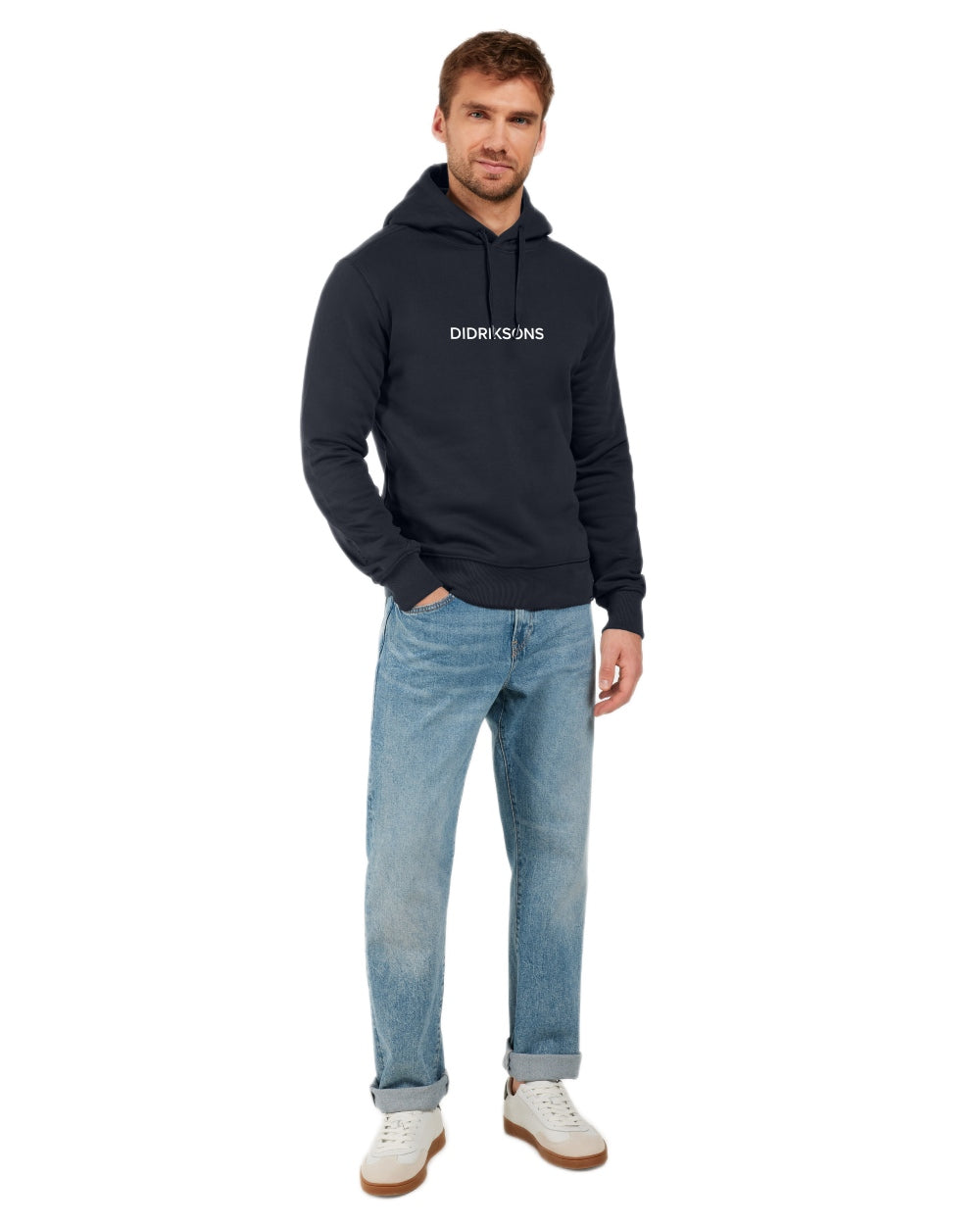 Navy coloured Didriksons Mens Ven Hoodies on white background 