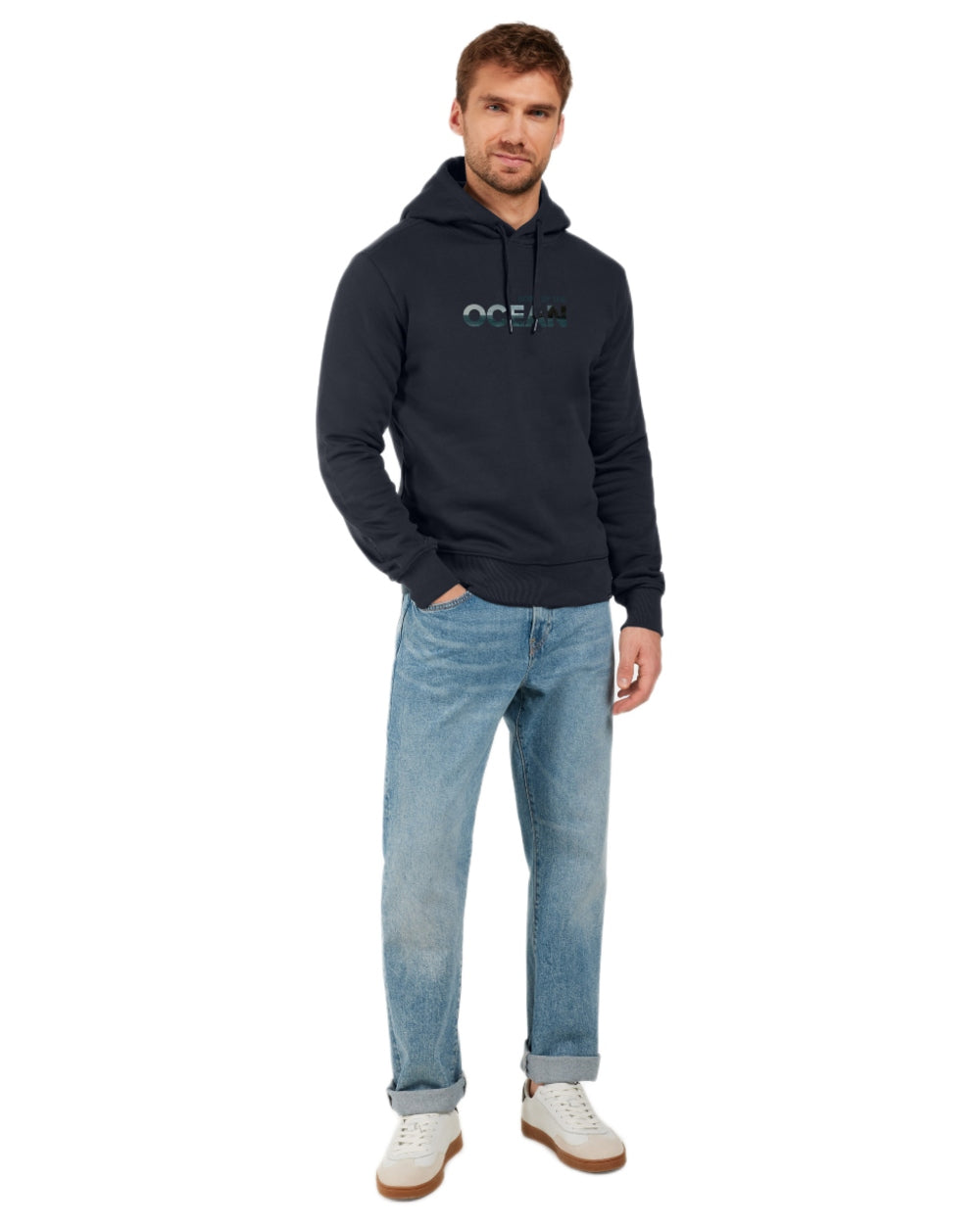 Navy coloured Didriksons Mens Ven Ocean Hoodie on white background 
