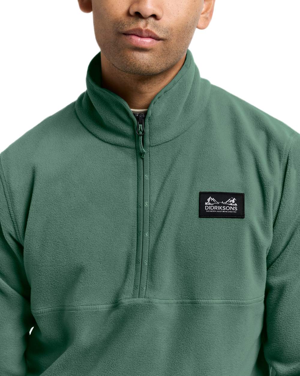 Dark Moss coloured Didriksons Mens Vito USX Half Zip Sweater on white background 