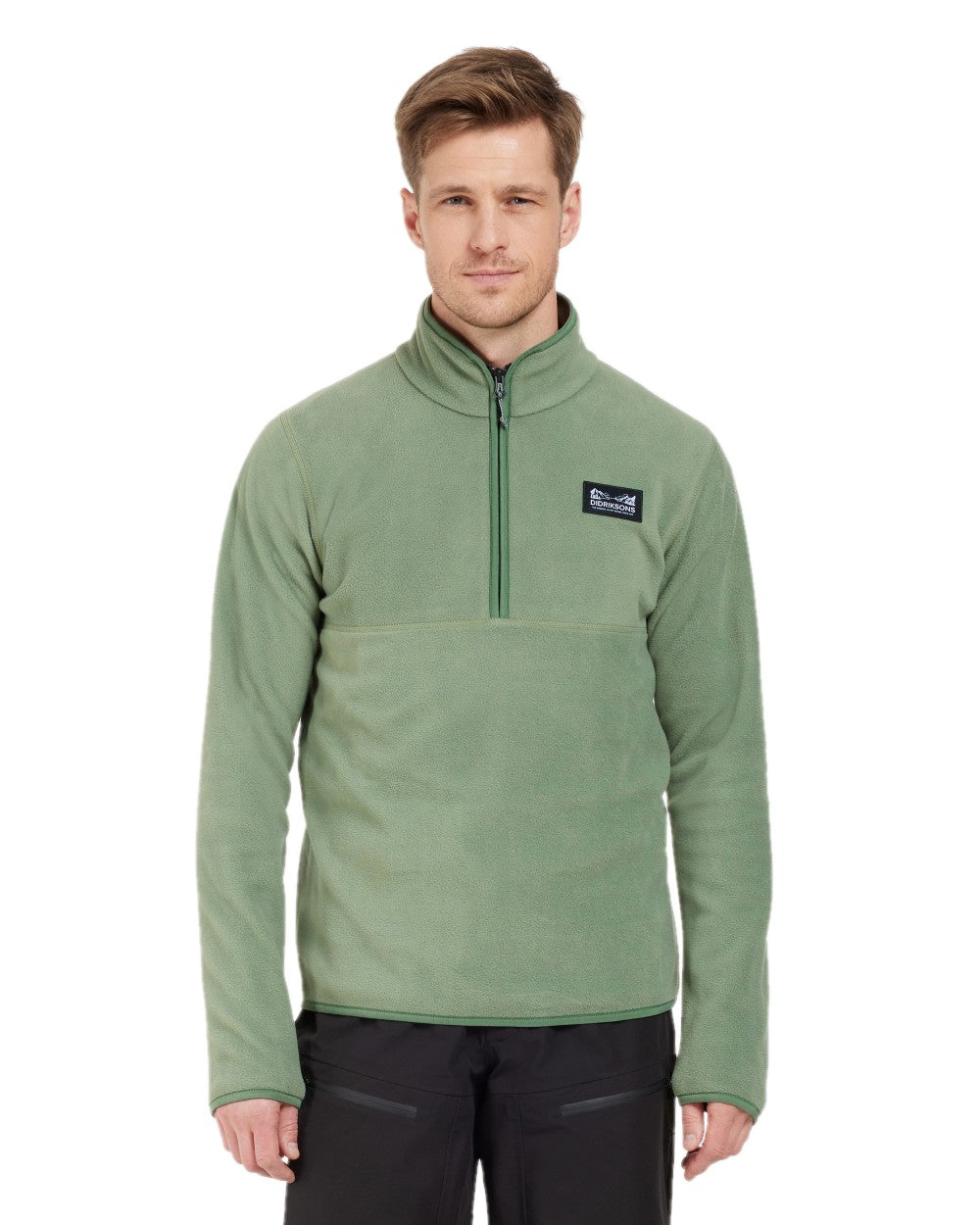 Light Moss coloured Didriksons Mens Vito USX Half Zip Sweater on white background 