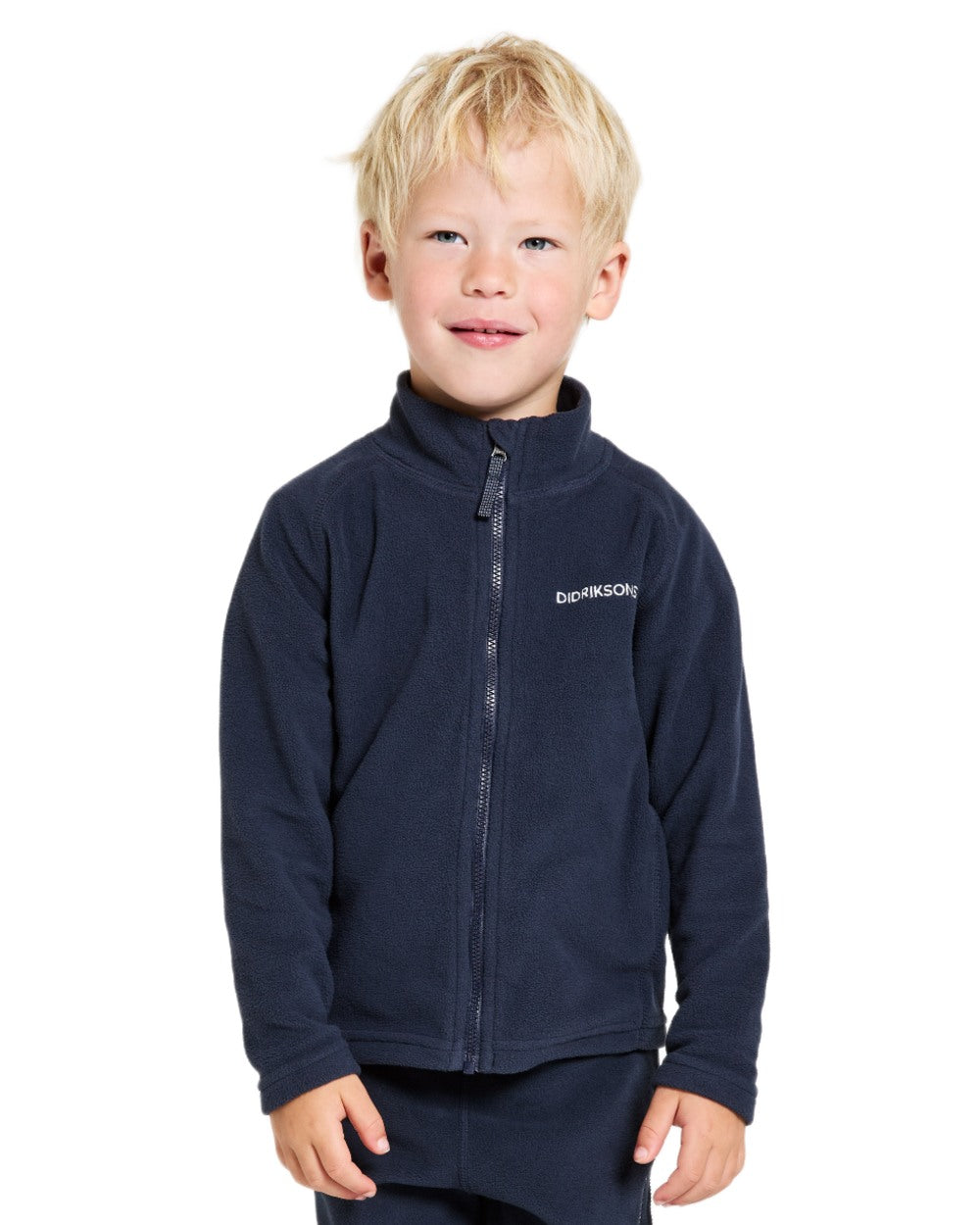 Navy coloured Didriksons Monte Kids Fullzip Fleece on white background 