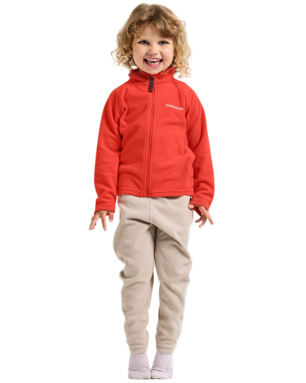 Paprika coloured Didriksons Monte Kids Fullzip Fleece on white background 