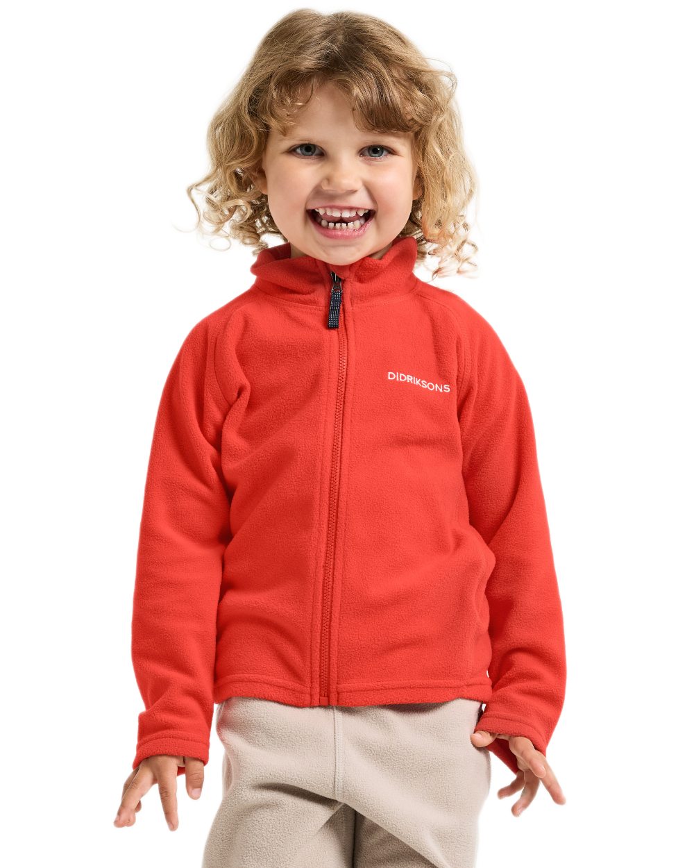 Paprika coloured Didriksons Monte Kids Fullzip Fleece on white background 