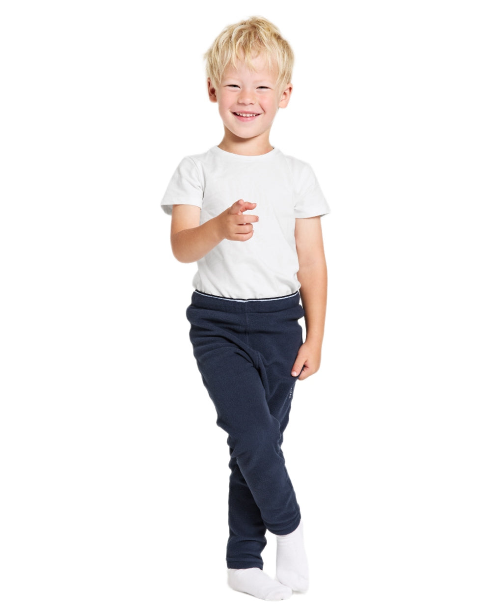 Navy coloured Didriksons Monte Kids Pants on white background 