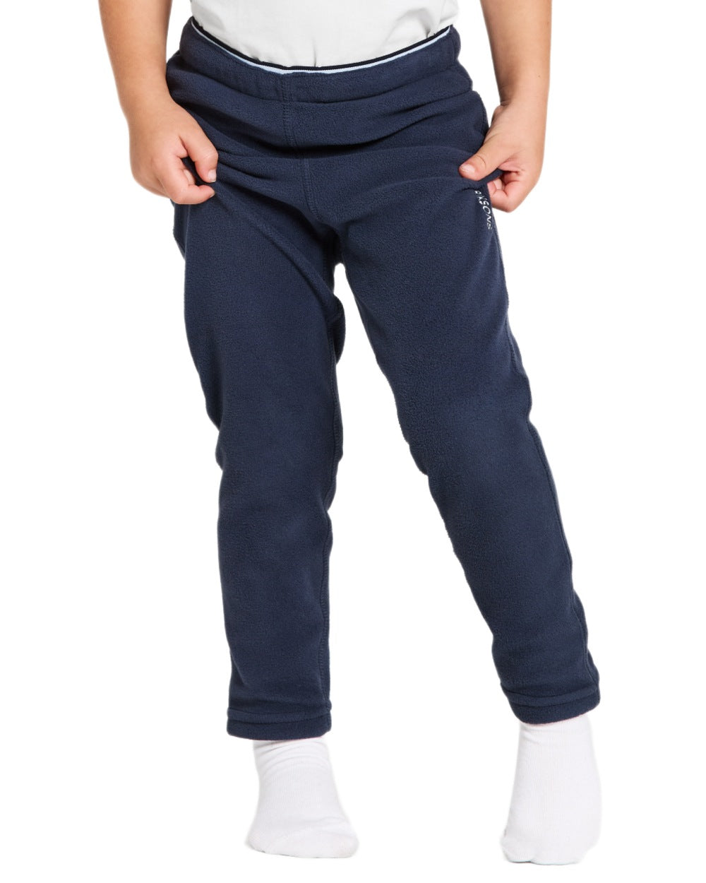 Navy coloured Didriksons Monte Kids Pants on white background 