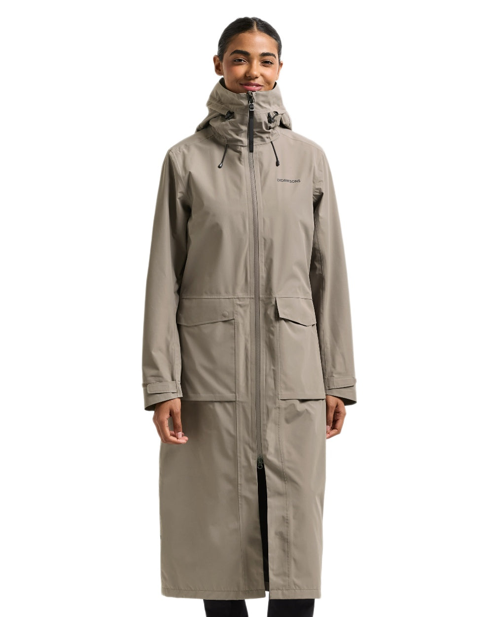 Ash Brown coloured Didriksons Nadja Womens Long Parka 4 on white background 