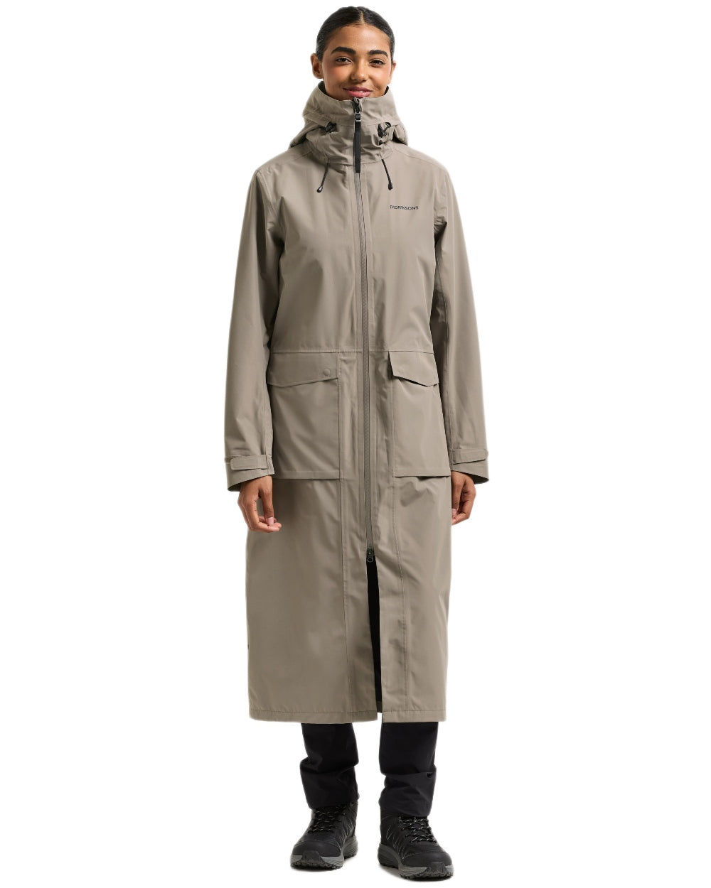 Ash Brown coloured Didriksons Nadja Womens Long Parka 4 on white background 