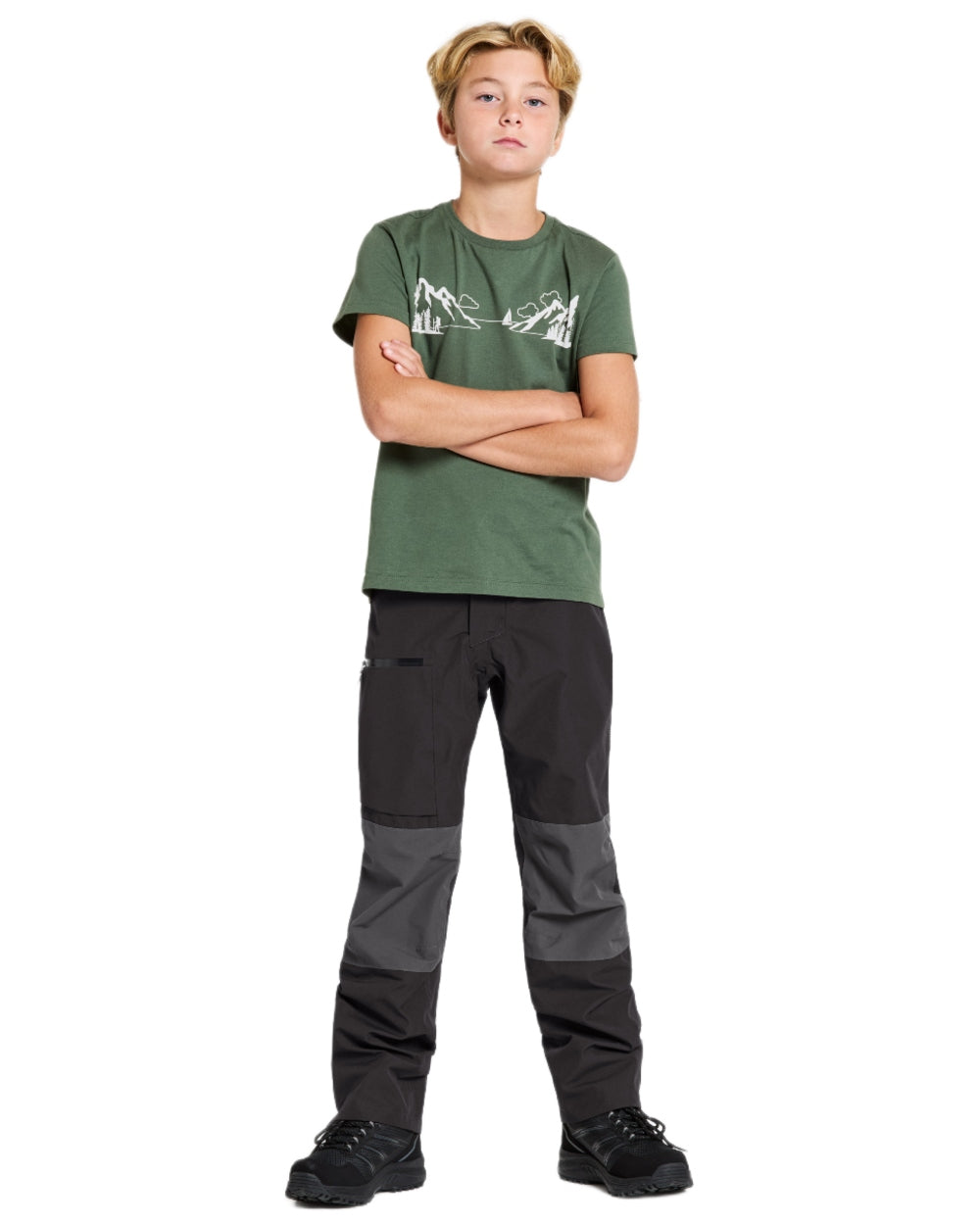 Black coloured Didriksons Childrens Svalort Pants on white background 