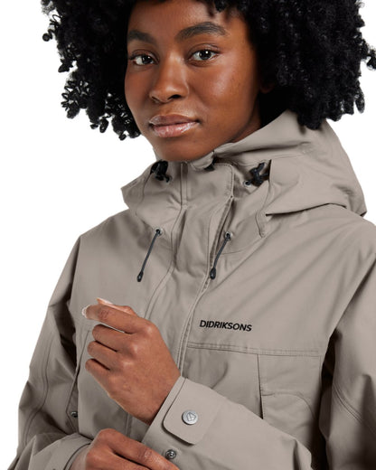 Ash Brown coloured Didriksons Thelma Womens Parka 10 on white background 