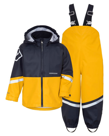 Oat Yellow coloured Didriksons Waterman Kids Rain Set on white background 