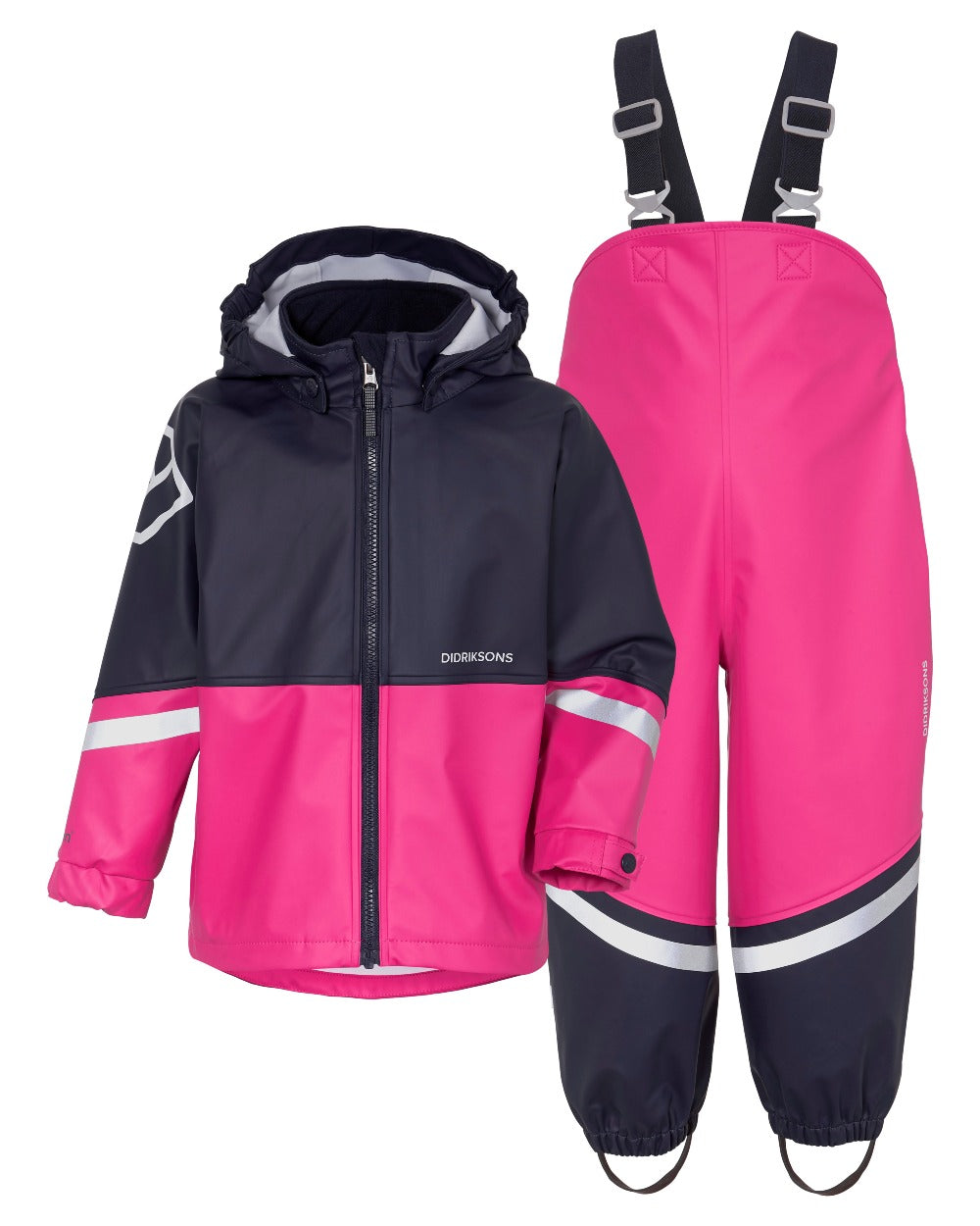 Plastic Pink coloured Didriksons Waterman Kids Rain Set on white background 