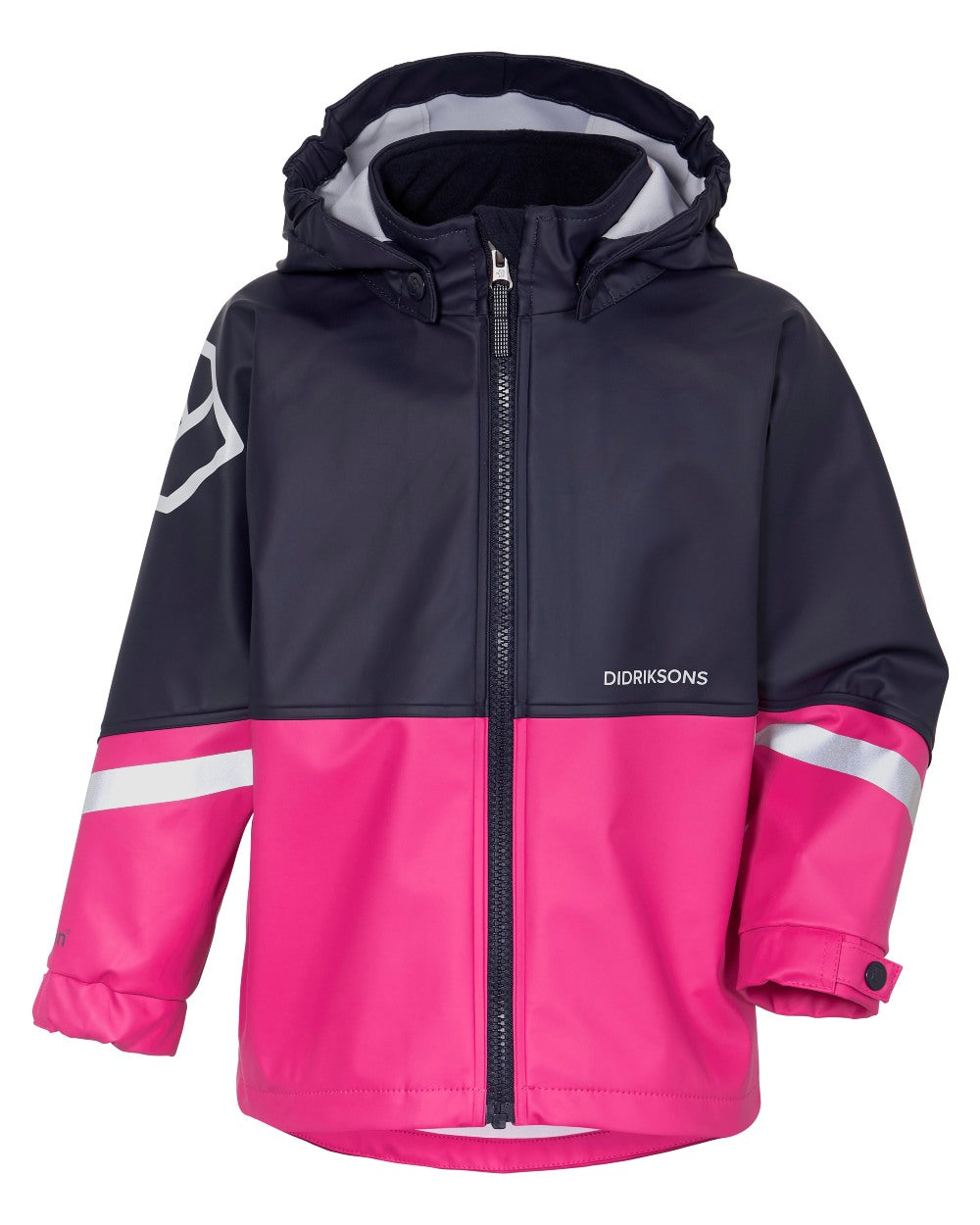 Plastic Pink coloured Didriksons Waterman Kids Rain Set on white background 