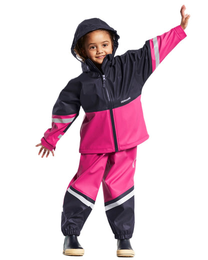 Plastic Pink coloured Didriksons Waterman Kids Rain Set on white background 