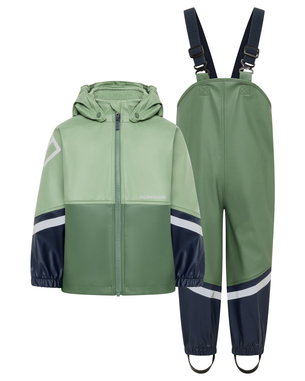 Sage Green coloured Didriksons Waterman Kids Rain Set on white background 