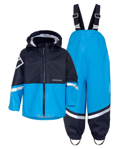 Sharp Blue coloured Didriksons Waterman Kids Rain Set on white background 