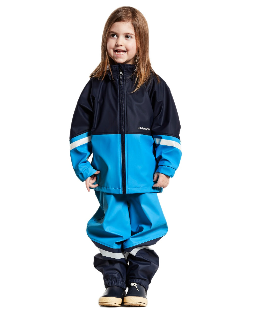Sharp Blue coloured Didriksons Waterman Kids Rain Set on white background 