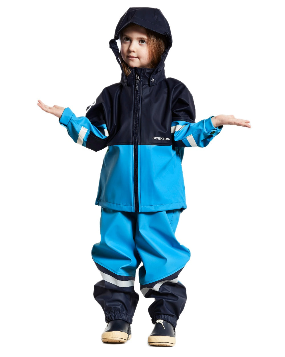 Sharp Blue coloured Didriksons Waterman Kids Rain Set on white background 