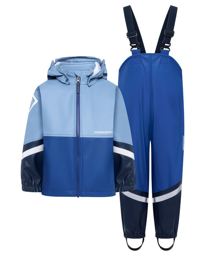 Winter Blue coloured Didriksons Waterman Kids Rain Set on white background 