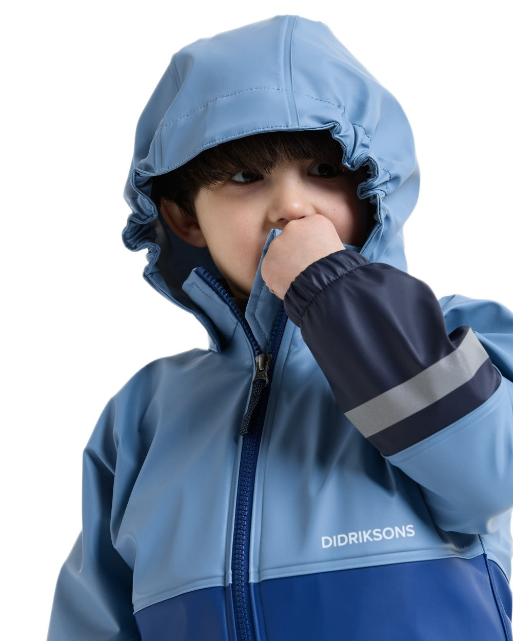 Winter Blue coloured Didriksons Waterman Kids Rain Set on white background 