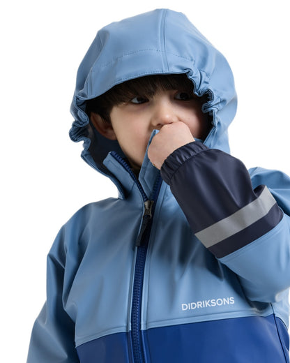 Winter Blue coloured Didriksons Waterman Kids Rain Set on white background 