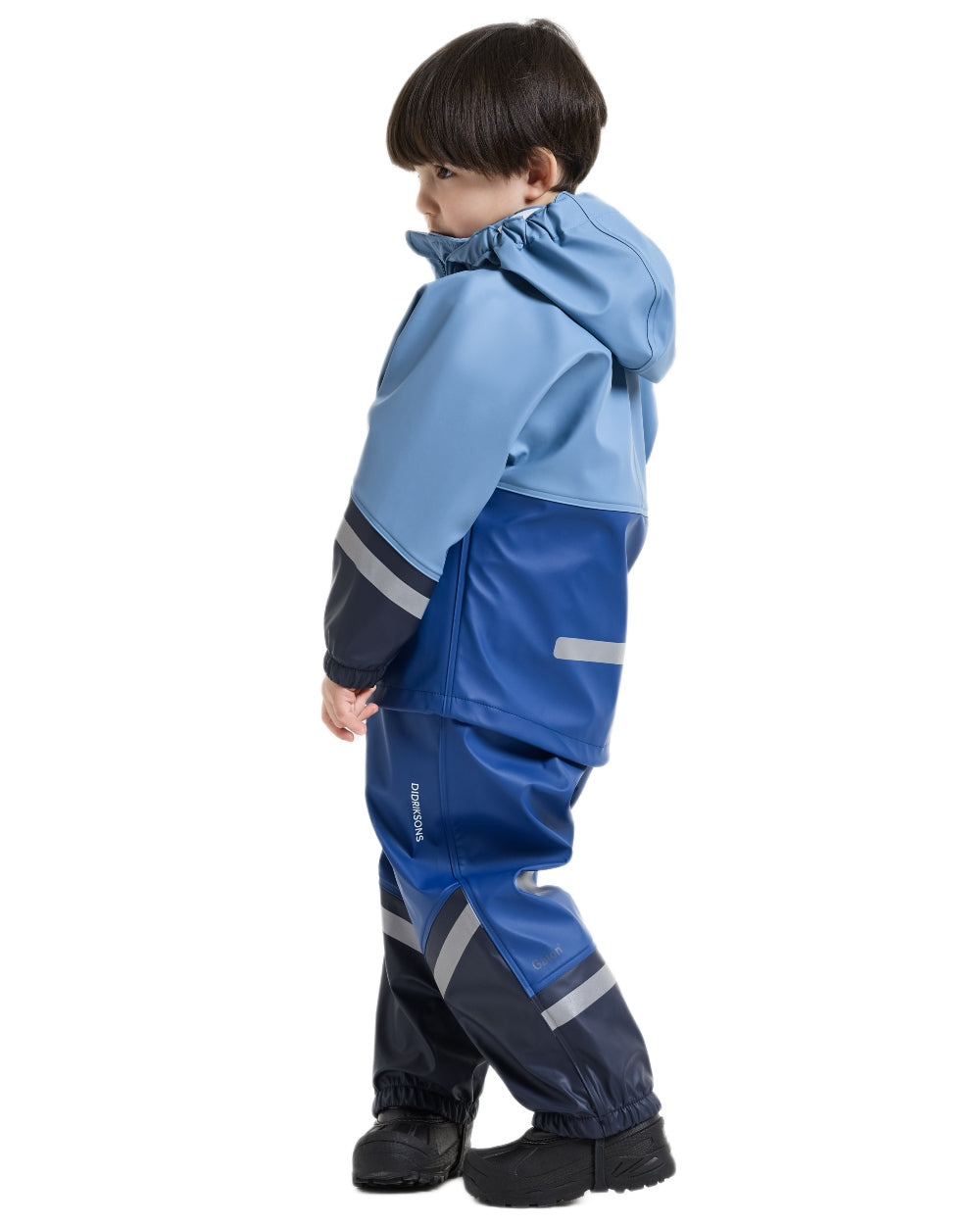 Winter Blue coloured Didriksons Waterman Kids Rain Set on white background 