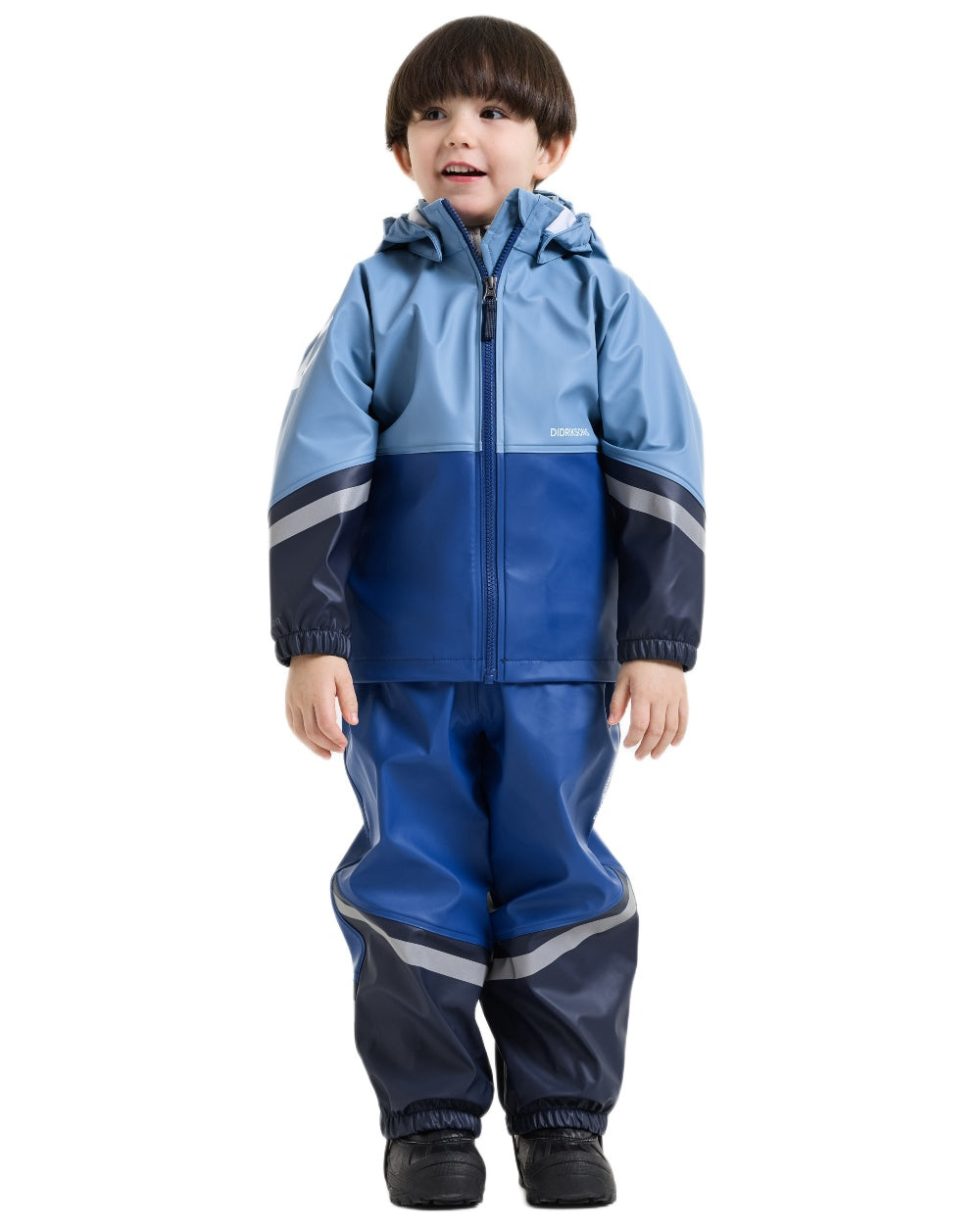 Winter Blue coloured Didriksons Waterman Kids Rain Set on white background 
