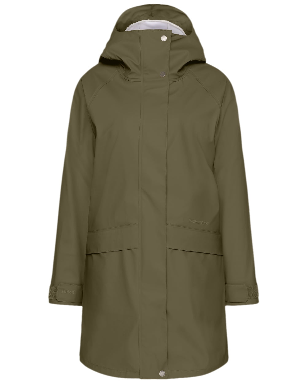 Fog Green Coloured Didriksons Womens Elly Galon Parka on white background 