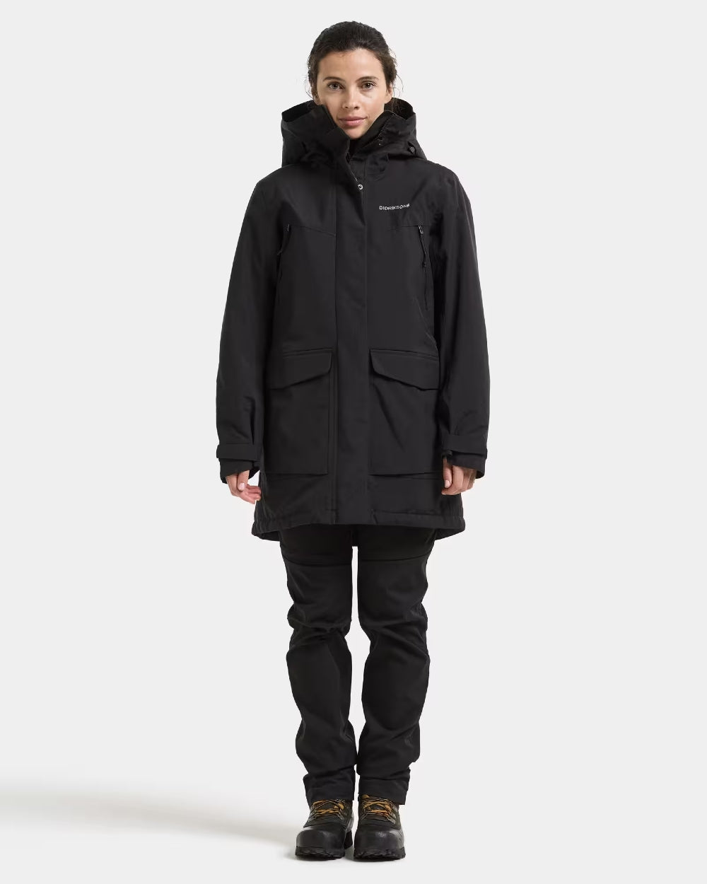 Black Coloured Didriksons Womens Felia Parka on White Background 