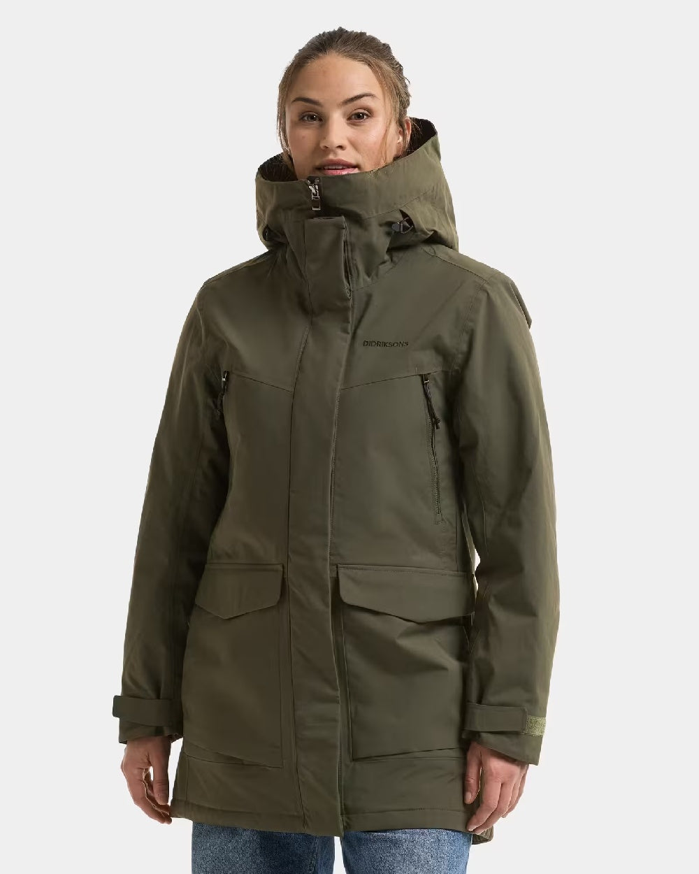 Deep Green Coloured Didriksons Womens Felia Parka on White Background 