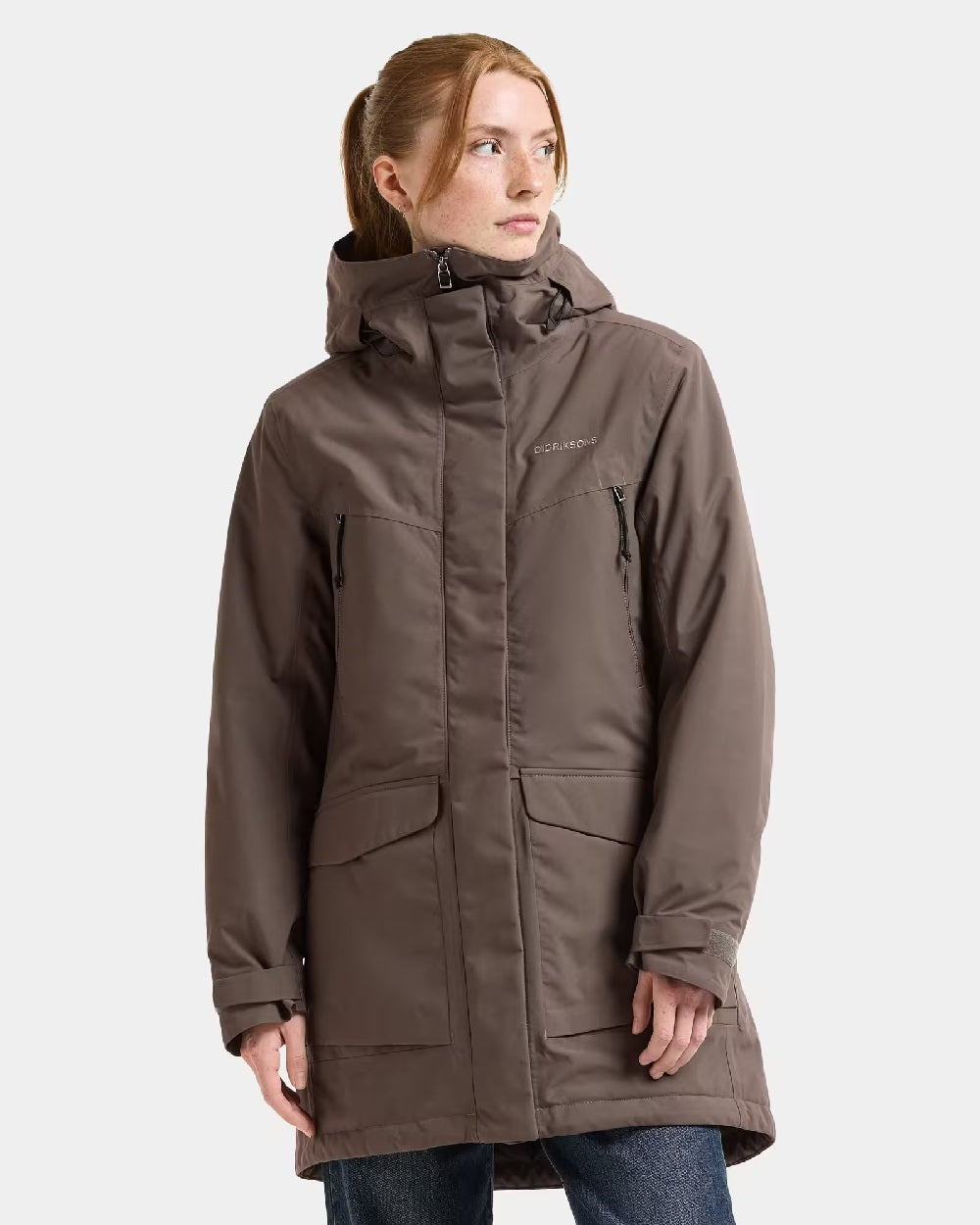 Mocha Brown Coloured Didriksons Womens Felia Parka on White Background 
