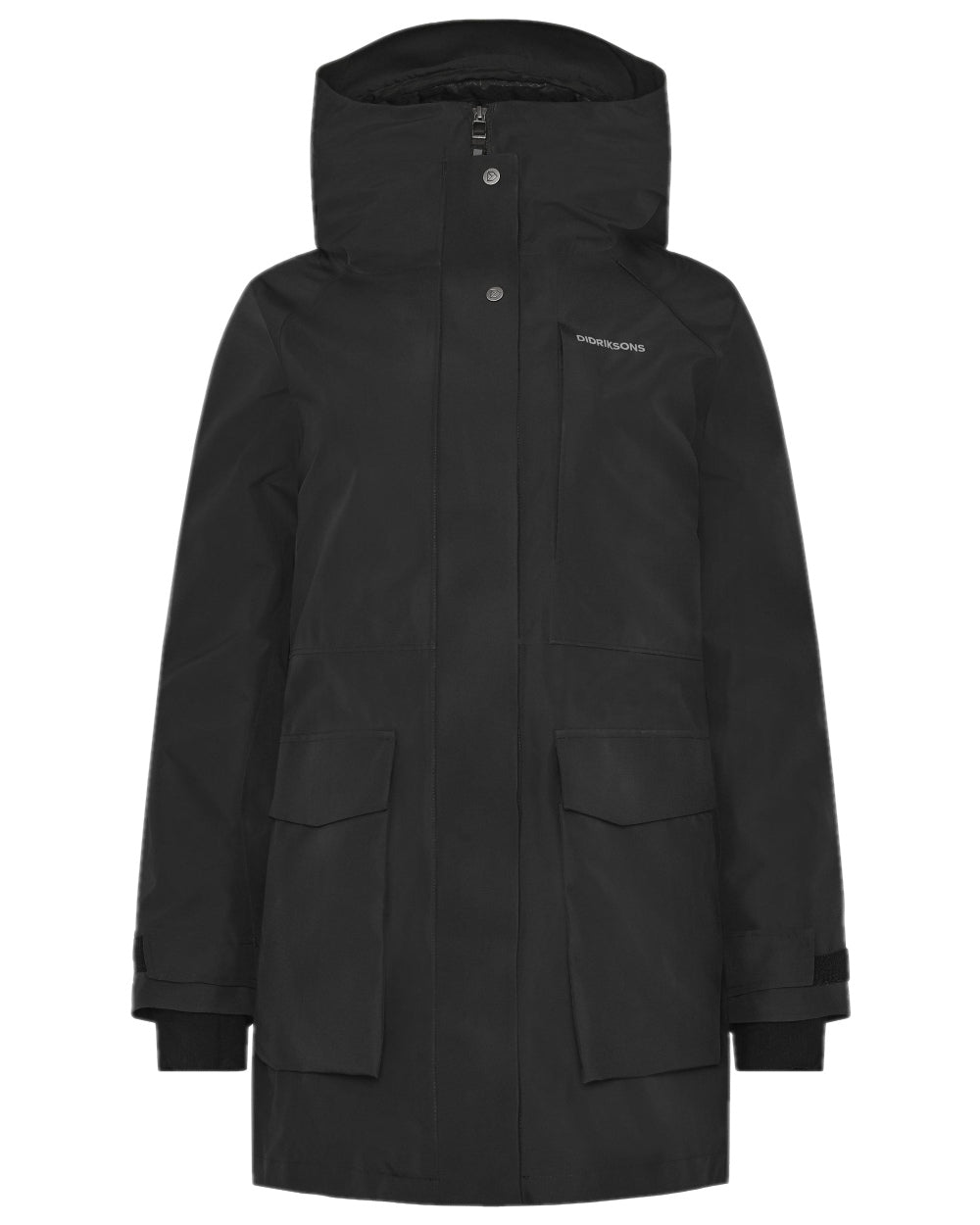 Black Coloured Didriksons Womens Harriet Parka on white background 