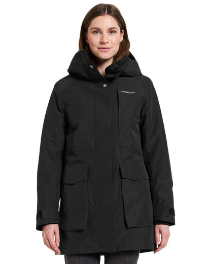 Black Coloured Didriksons Womens Harriet Parka on white background 