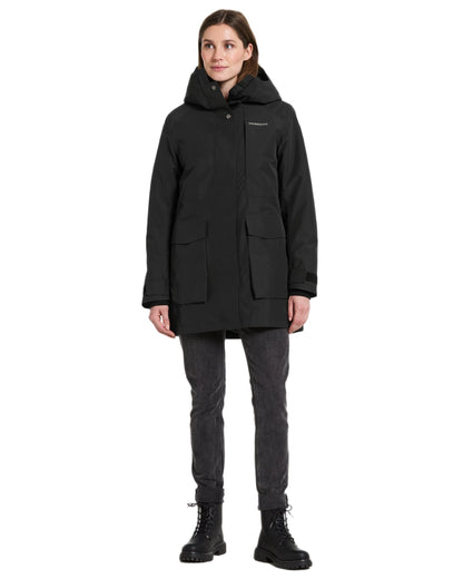 Black Coloured Didriksons Womens Harriet Parka on white background 