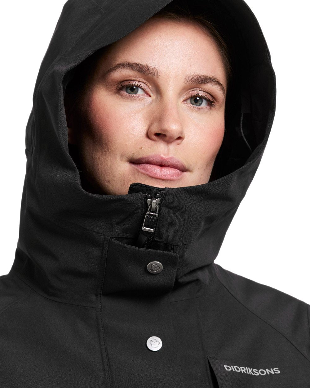 Black Coloured Didriksons Womens Harriet Parka on white background 