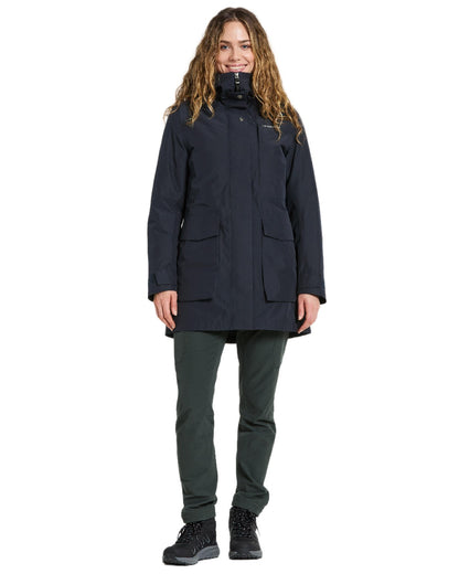 Dark Night Blue Coloured Didriksons Womens Harriet Parka on white background 
