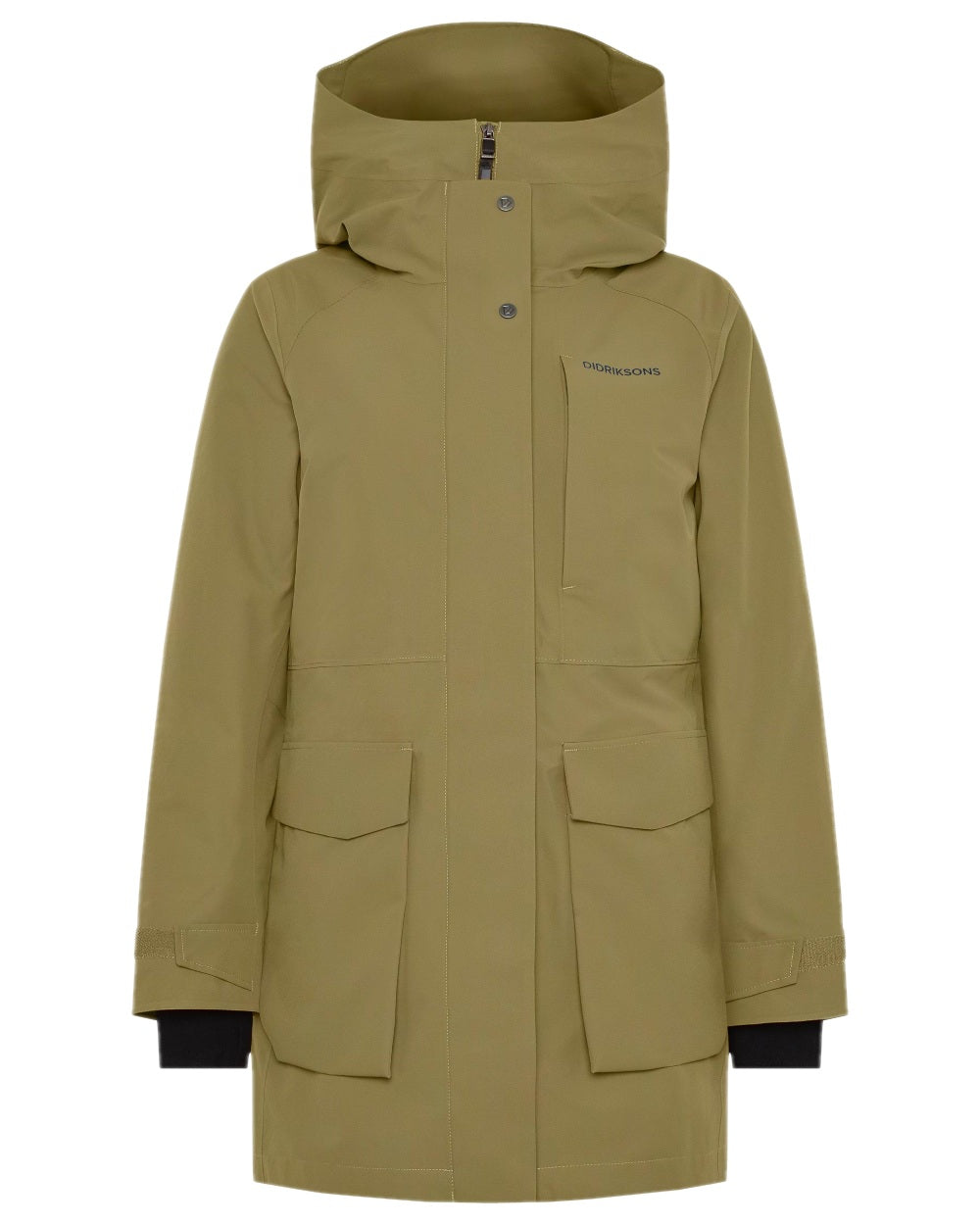 Olive Green Coloured Didriksons Womens Harriet Parka on white background 