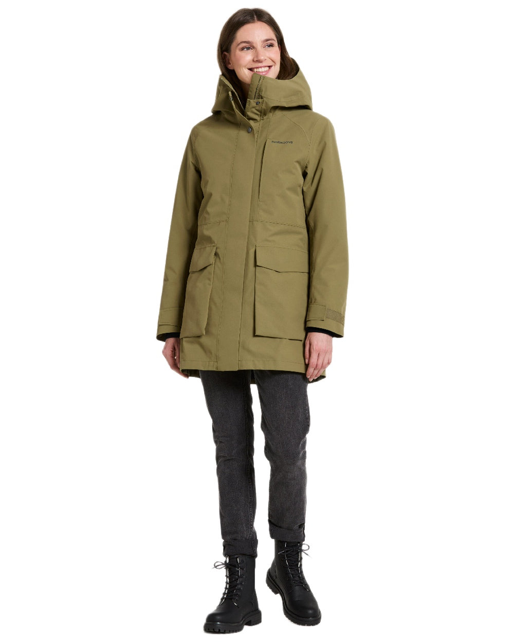 Olive Green Coloured Didriksons Womens Harriet Parka on white background 