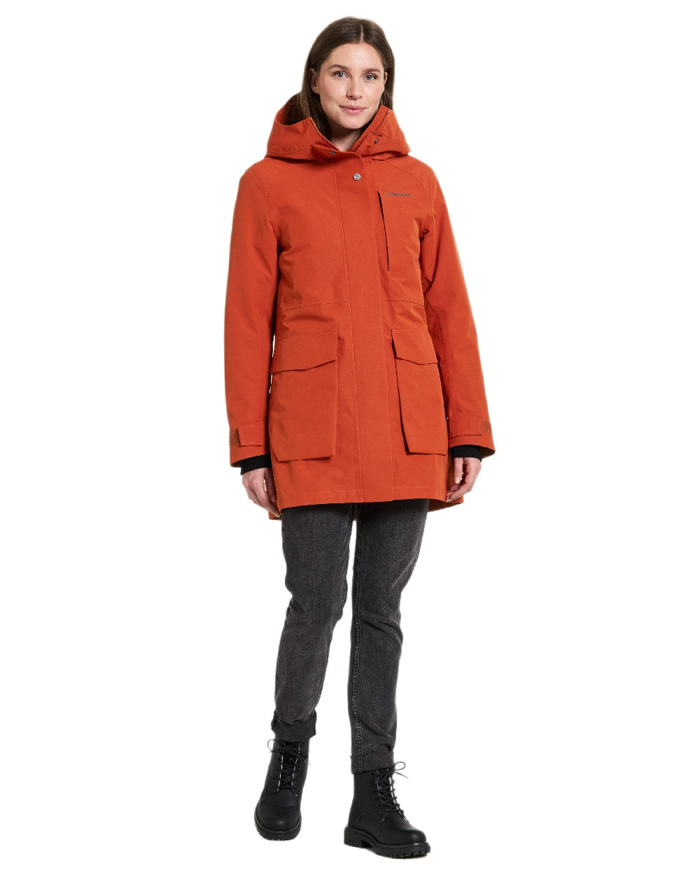 Rust Coloured Didriksons Womens Harriet Parka on white background 