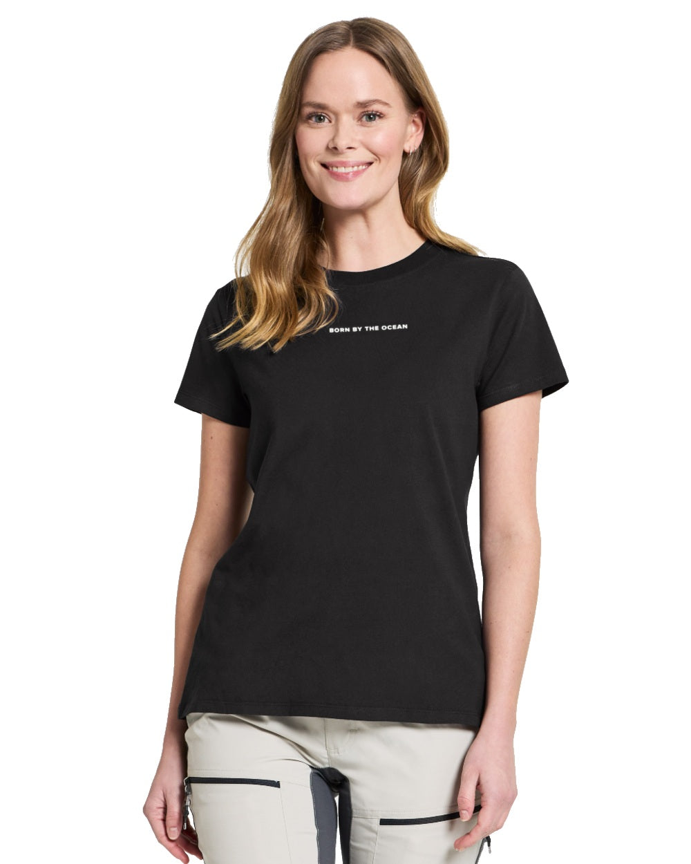Black coloured Didriksons Womens Ingaro Printed T-Shirt on white background 