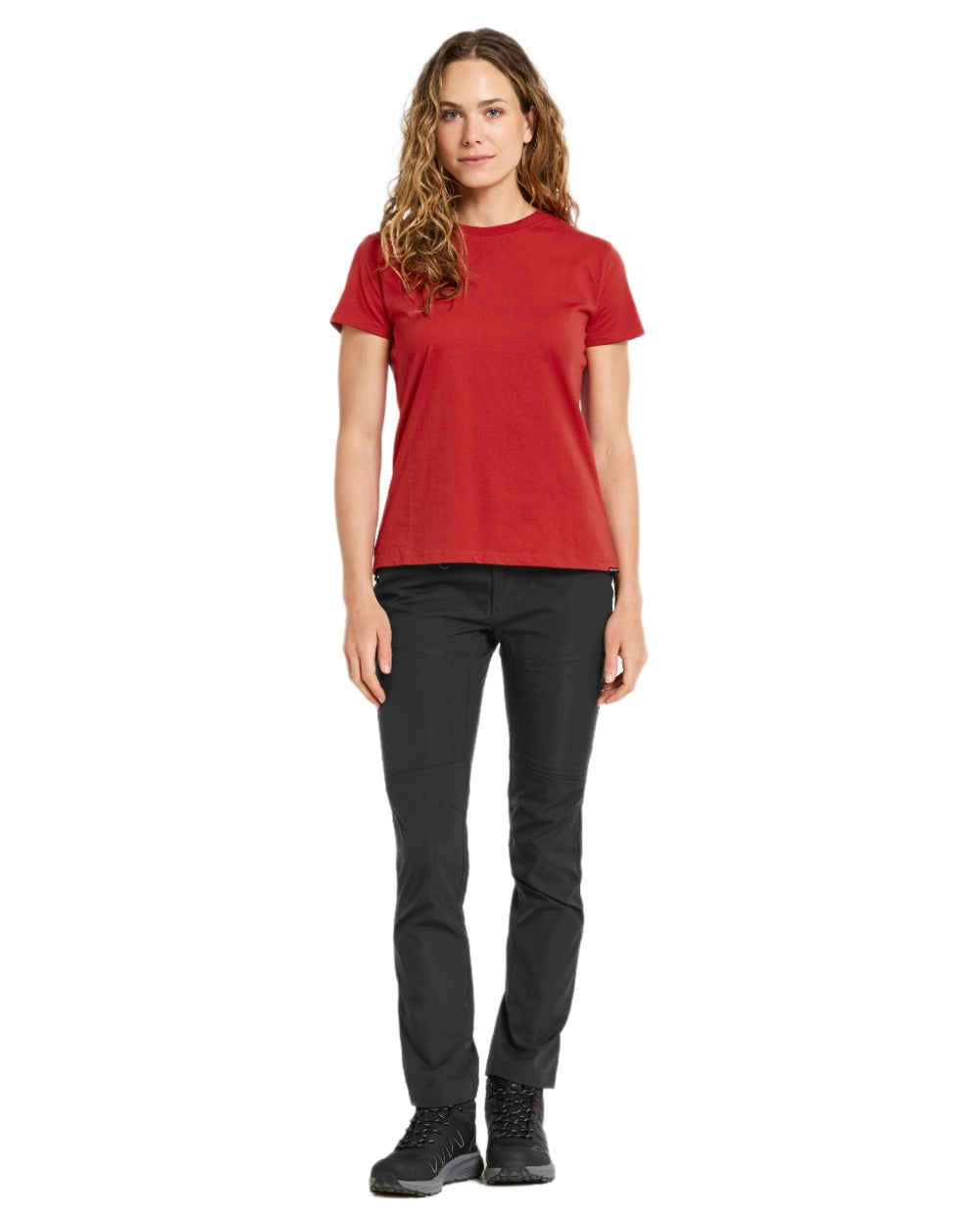 Pomme Red coloured Didriksons Womens Ingaro T-Shirt on white background 