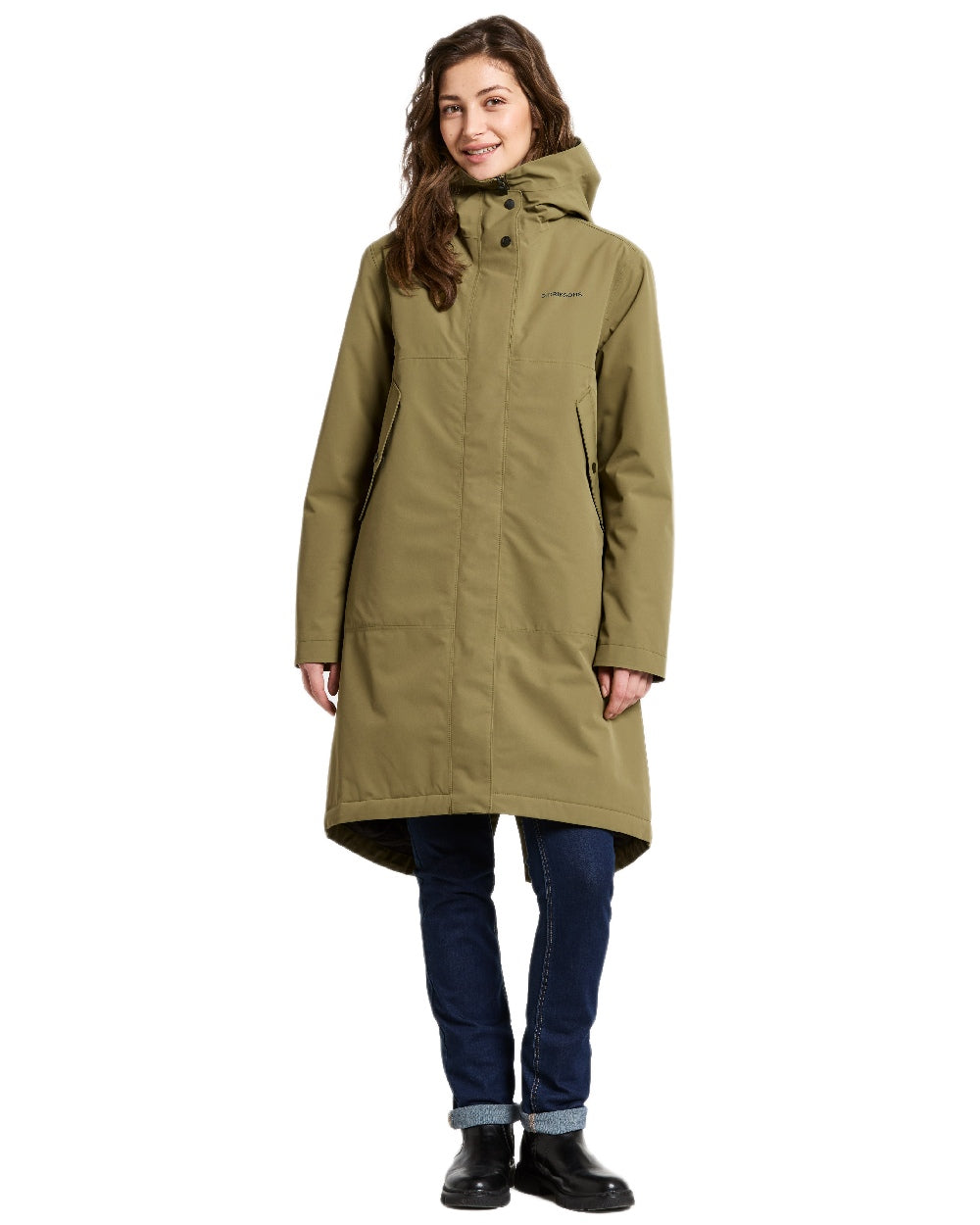 Olive Green Coloured Didriksons Womens Iris Parka on white background 