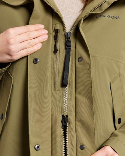 Olive Green Coloured Didriksons Womens Iris Parka on white background 