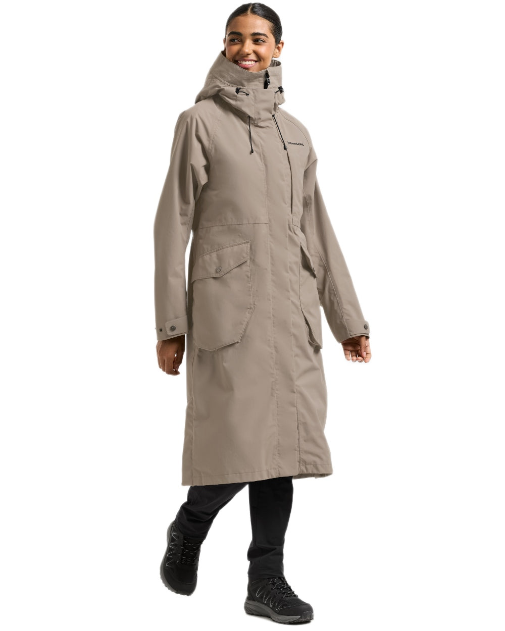 Ash Brown coloured Didriksons Womens Louise Long Parka on white background 
