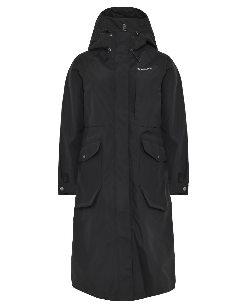 Black coloured Didriksons Womens Louise Long Parka on white background 