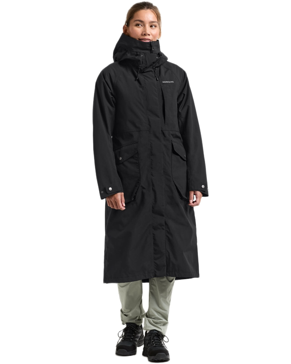 Black coloured Didriksons Womens Louise Long Parka on white background 